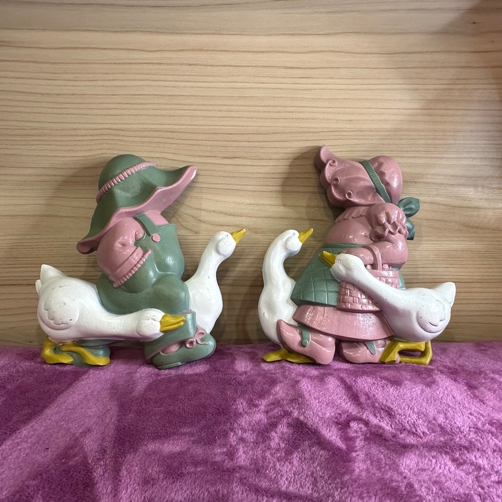 Vintage Wall Decor Boy Girl Riding Geese Figurines Pink Green Yellow Set - Picture 1 of 9